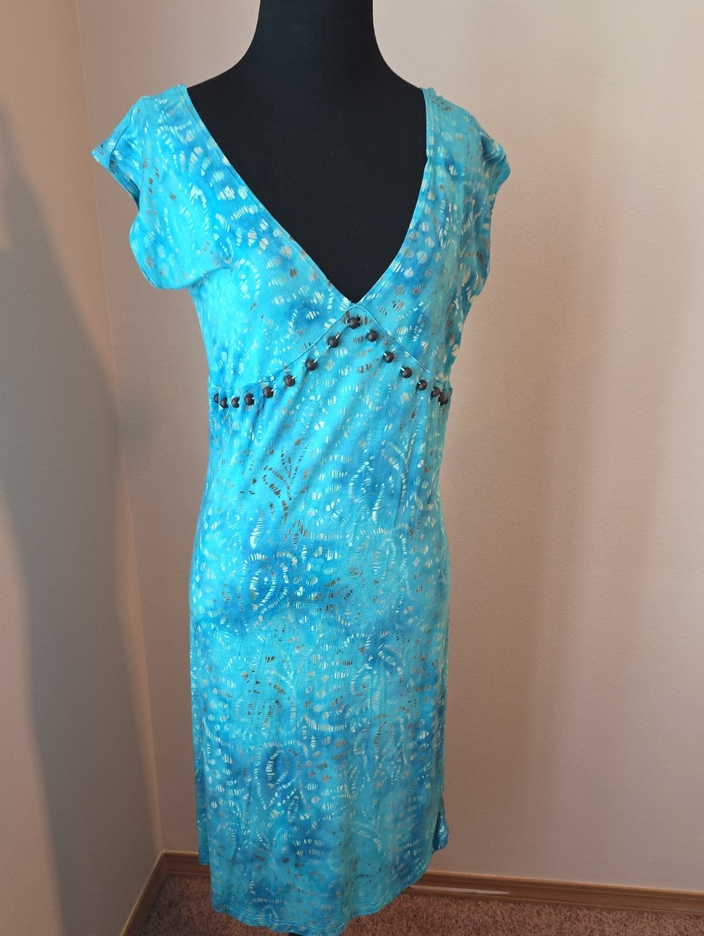 Turquoise V-Neck Midi Dress with Bead-Trim Waist